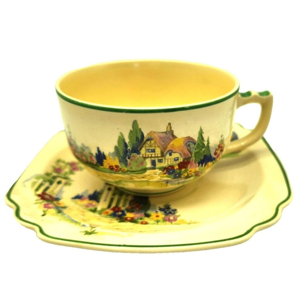 Vintage 1930s Homer Laughlin English Garden Wells Tea Cup & Saucer SET ART DECO